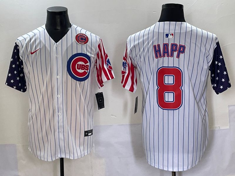Men 2025 Chicago Cubs #8 Happ White Stripe a generation of national flags Joint Name Nike MLB Jersey style 5